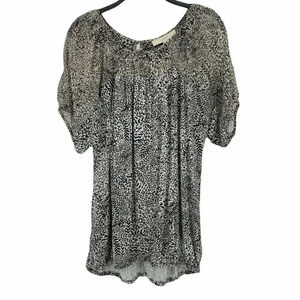 Loft Blouse Women's Sz S Brown Black Leopard Print Short Sleeve Keyhole Pullover